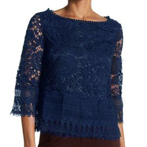 NEW Vertigo Paris Women Floral Navy Crochet Lace 3/4 Sleeve Blouse Dressy Top